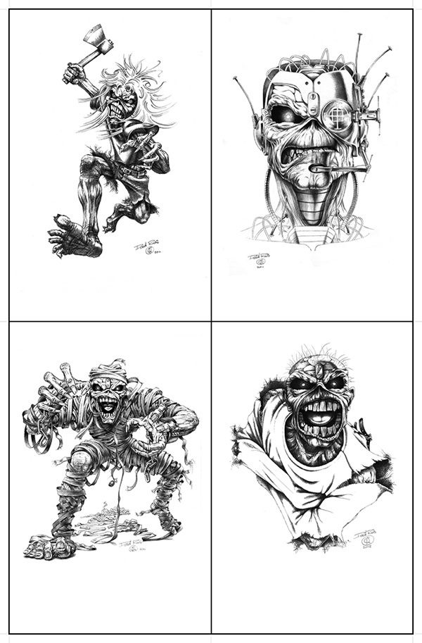 Four of the many faces of Iron Maiden mascot Eddie