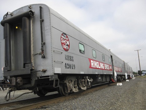 The Ringling Bros. and Barnum & Bailey Circus' 'Zing Zang Zoom' Red Tour express passed through Auburn's rail yard Wednesday.