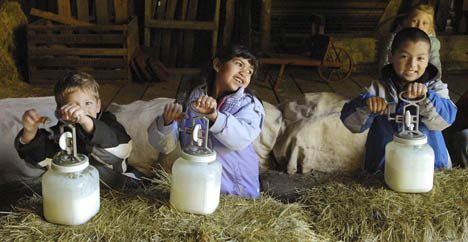 Churning butter at Olson Farm during a tour last fall are first-graders