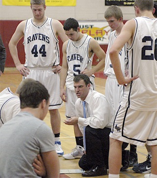 Former Auburn Riverside coach Tom Adams talks to the team during the playoffs this season. After eight years at the helm of the Ravens Adams has resigned.