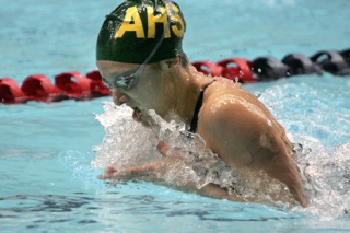 Auburn senior Trish Averill swims the breaststroke leg of the 200-yard IM final during the state 4A swim meet at King County Aquatics Center on Saturday. Averill finished fourth in the race.