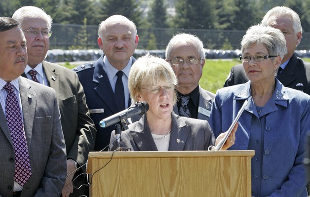 U.S. Sen. Patty Murray held a media conference on the Green River near Russell Road Park in Kent to announce the $44 million the U.S. Senator has helped secure for emergency funds the U.S. Army Corps of Engineers needs to repair the Howard Hanson Dam on May 14. Mayors from Auburn (Pete Lewis