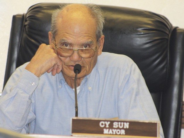 Pacific Mayor Cy Sun listens to comments from the City Council regarding his performance. The council and a union representing the City's police force issued a vote of no confidence in the mayor.