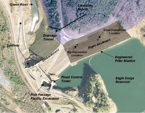 This diagram of Howard Hanson Dam shows the damaged abutment and depression areas.
