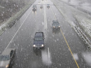 Heavy snow showers greeted motorists as they passed through Auburn along the Valley Freeway on Monday afternoon.