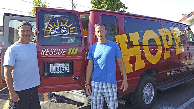 Van to the rescue: Seattle’s Union Gospel Mission provides a van to help Auburn’s homeless every Monday night. Pictured are Gary O’Harran and Dan Nordblad of the Union Gospel Mission.