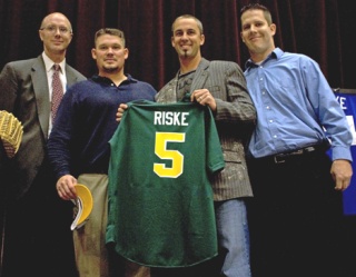 The No. 5 David Riske wore with the Gators officially was retired during a ceremony Dec. 6 at Green River Community College. From the left are Green River Athletic Director Bob Kickner