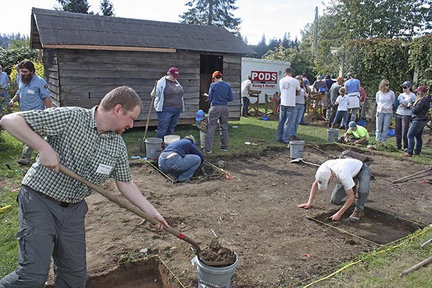 Archaeologists dig the foundation for the Hori Furoba Bathhouse