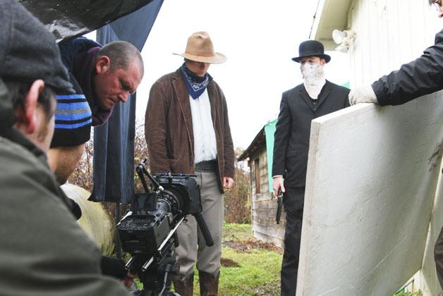 A film crew prepares to film a scene from ‘The Shootout’ with actors Austin Heatherly