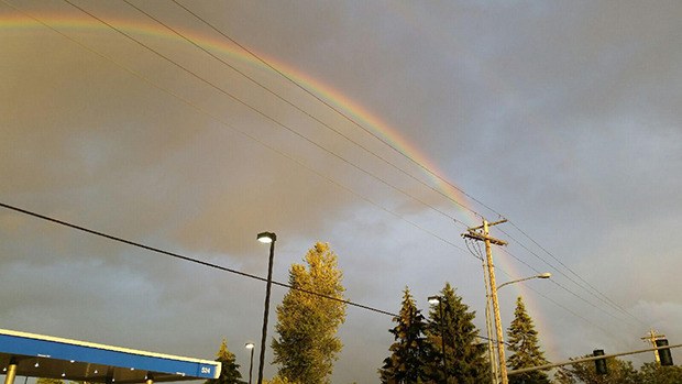 A double rainbow dazzles the eyes above Western Washington on Monday evening