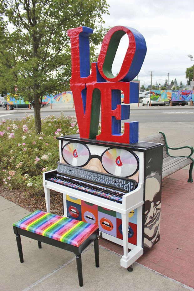 Suzy Fountaine's piano is a tribute to Elton John with a painted surface and mixed media elements.