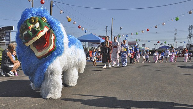 Shishi-mai the Lion leads the Children's Lantern Parade during the 50th Bon Odori Festival at the White River Buddhist Temple last Saturday. The festival celebrates the mid-summer holiday of Obon
