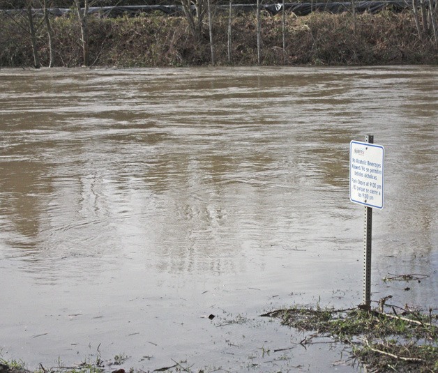 The swollen Green River remains high and volatile at Isaac Evans Park.