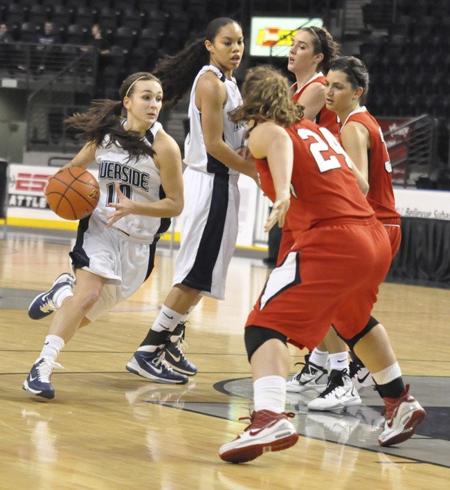 Raven Makenna Clark rolls off a Kat Cooper pick during Riverside's contest against Oregon City at the Comcast Showcase