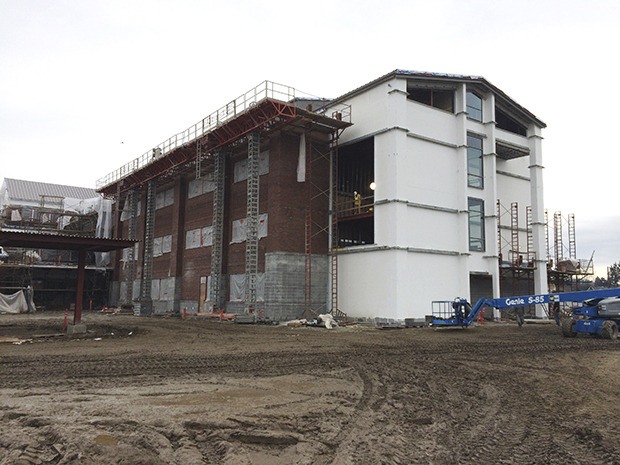 The new Auburn High School continues to takes shape as exemplified by one of the building’s wings from the northwest corner of Main Street. School officials are pleased with the progress. The school is on schedule to open in September.