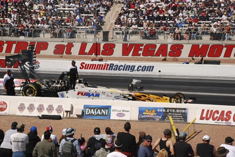 Terry Haddock returns from a burnout as he prepares for his first round match up against Tony Schumacher at the SummitRacing.com NHRA Nationals in Las Vegas in April. Haddock will run in this weekend’s NHRA Northwest Nationals at Pacific Raceways.