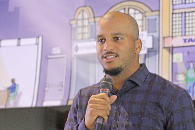 The Seahawks' Jermaine Kearse talks to the audience during the Junior Achievement of Washington’s JA World 10-year anniversary celebration Friday.