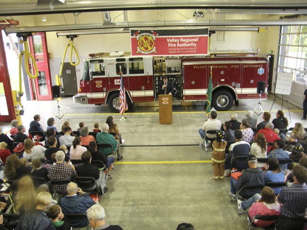 VRFA Administrator Eric Robertson addresses the audience at last Saturday’s official dedication of Station 34 on Lea Hill.
