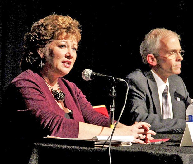 In the spotlight: Auburn mayoral candidate Nancy Backus replies to a question while her opponent