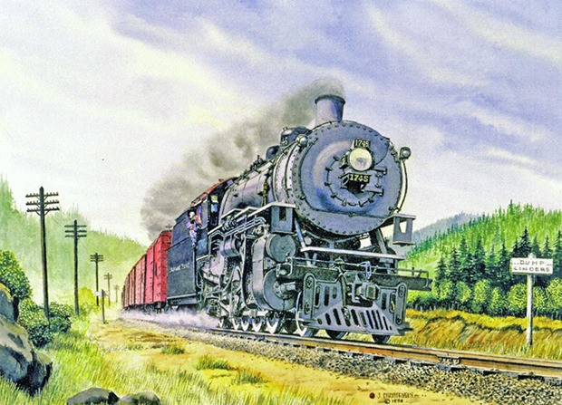 Jack Christensen's wonderful illustrations of historic scenes along the rail are part of a temporary exhibit at the White River Valley Museum.