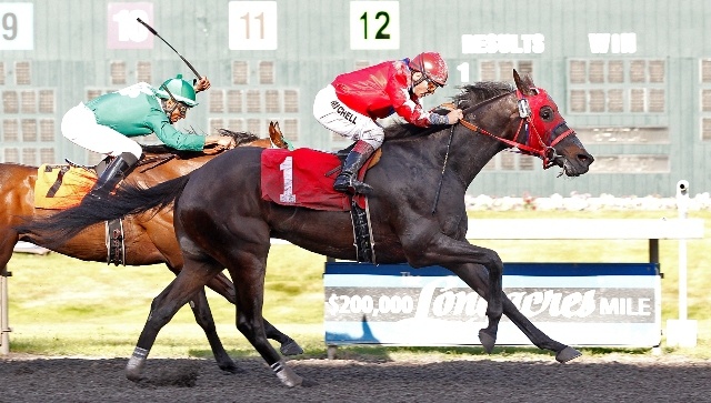 Kenai King and jockey Gallyn Mitchell overtake Cantcatchme and Ronald Richard for the victory Saturday in the feature race for Washington-bred 3-year-old colts and geldings.