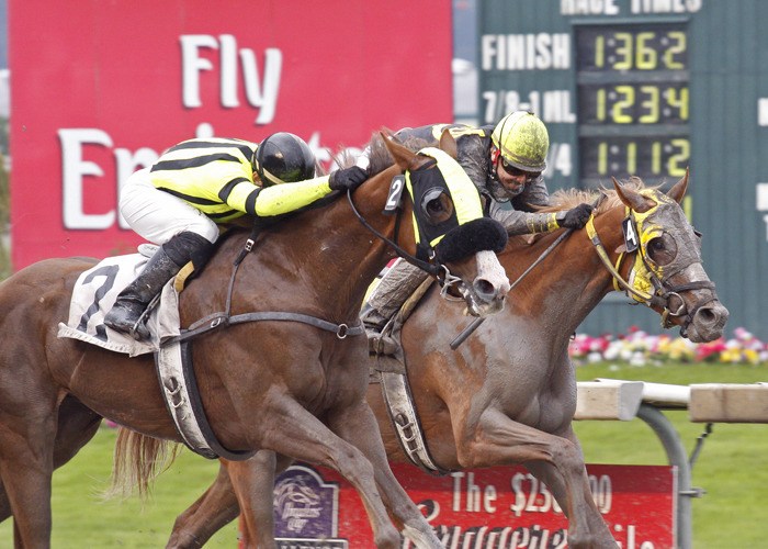 Michael and Amy Feuerborn's Sis's Sis (No. 2) holds off Tapit So Lightly in the Irish Day Handicap at Emerald Downs