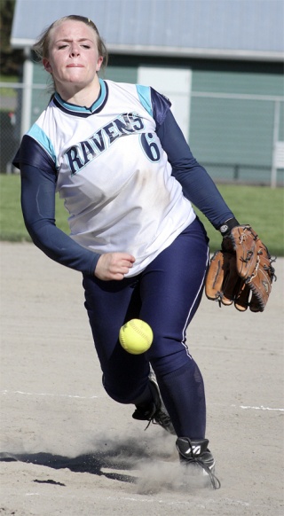 University of Washington-bound Amanda Fitzsimmons on the mound against Kentwood this past Tuesday. Fitzsimmons notched 28 strikeouts in two games this past week.