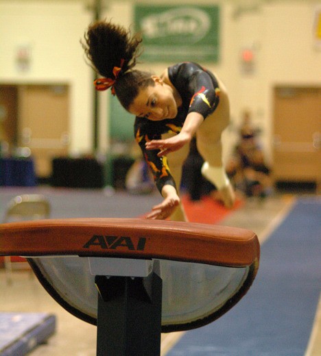 Auburn Mountainview senior Lexi Morton on the vault at the Washington State 3A championships this past weekend at the Tacoma Dome.