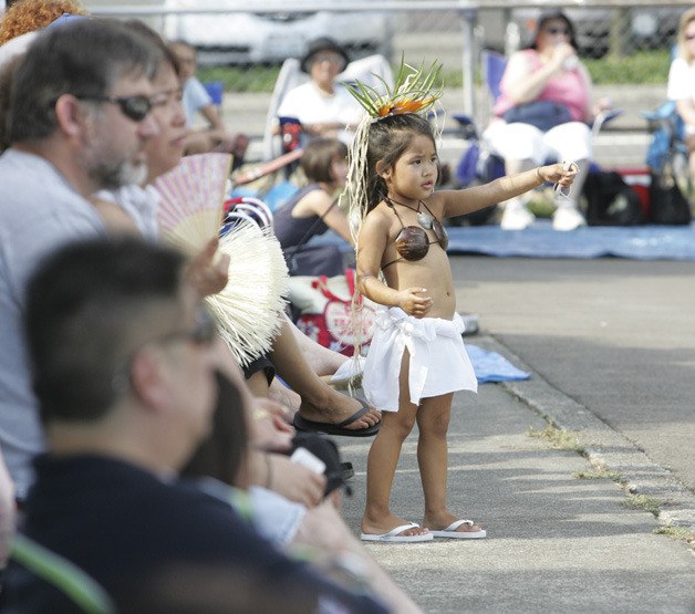 Nia Hokulani Cortez points at her mom as she preforms a Tahitian dance at the Bon Odori Festival last year.