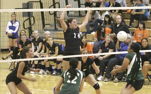 Auburn's Saio Wilson handles a hot one from Mountainview's Caitlin Carr.
