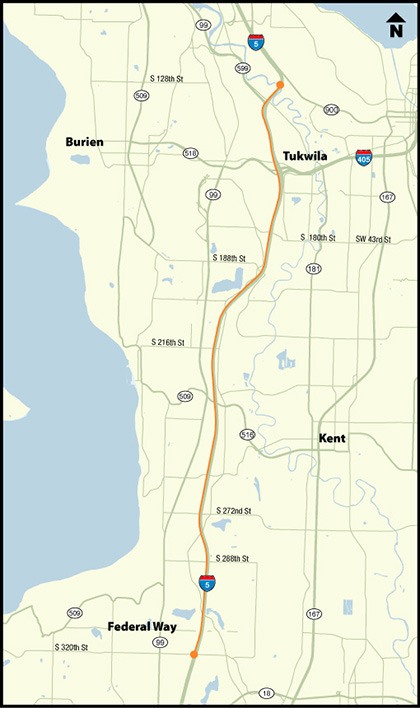 The southbound Interstate 5 concrete pavement rehab project is located along 12.86 miles of freeway from Duwamish River Bridge in Tukwila to South 320th Street in Federal Way.