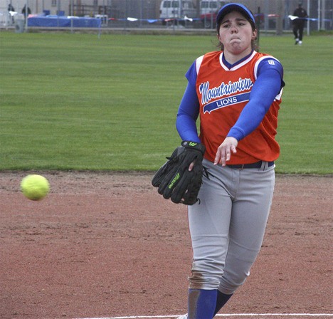 Auburn Mountainview senior Kristin Herren wings one in during the Lions' 12-1 victory over Clover Park on Tuesday.