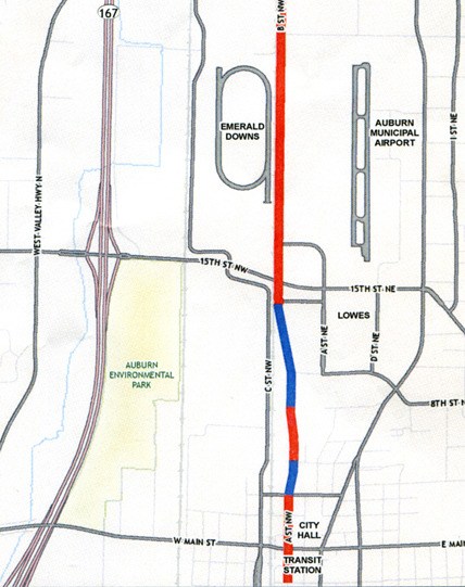 This map shows the future connector of A-B Streets Northwest (in blue)
