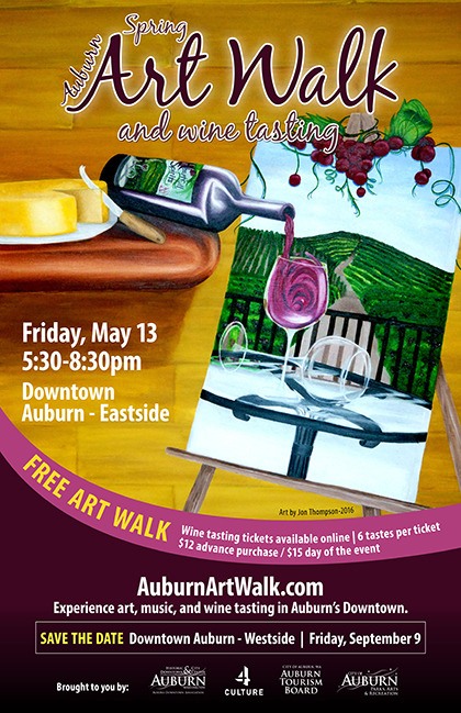 Auburn's Spring Art Walk & Wine Tasting event features local music and art.