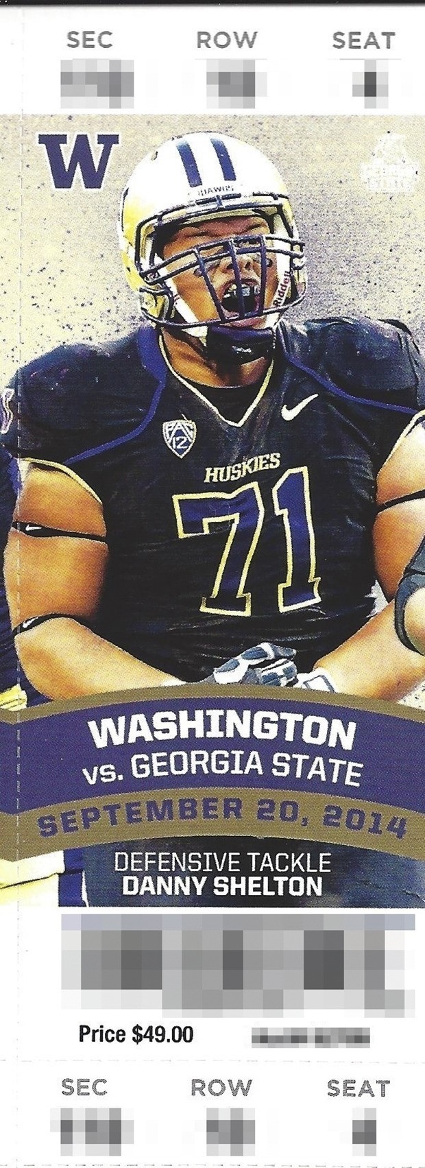 Auburn's Danny Shelton makes it as a Husky featured on one of the UW's football game tickets this season.