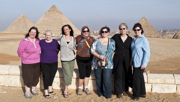 A local dance group visited the Giza Pyramids outside Cairo. The group was