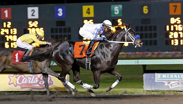 Knight Club and jockey Leonel Camacho-Flores score the victory in Friday's featured Bet America Purse for older fillies and mares at Emerald Downs.