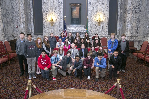 Holy Family students recently visited Sen. Joe Fain and Rep. Mark Hargrove in the State Reception Room of the Capitol building.
