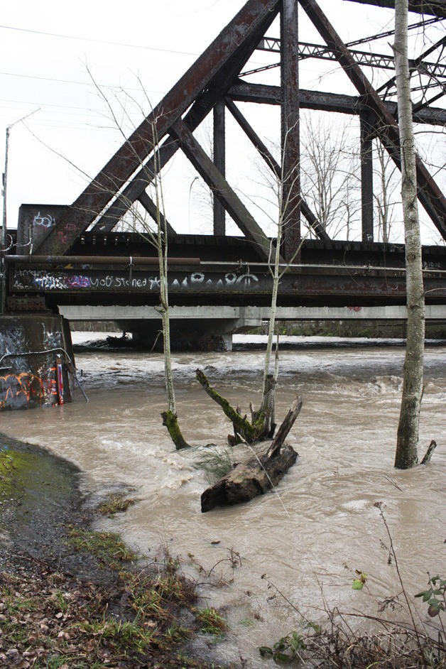 The White River recently ran swift and high under the A Street Road and Railroad Bridge