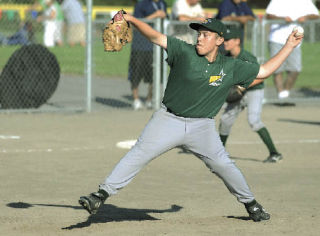 Joey Galeno of the Auburn Majors                All-Stars fires a pitch during Thursday’s District 10 tournament game against Soundview. Galeno did not allow a hit in relief