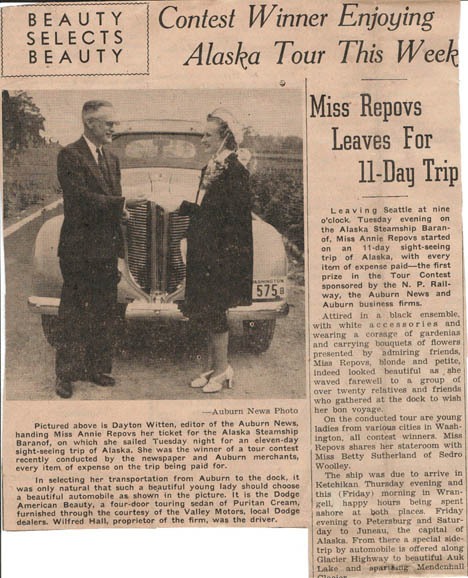 Clipping from the past: Auburn’s Anne Repovs went to tremendous efforts to in the Auburn Merchant’s Travel Tour Contest in 1938. In this Auburn News photo