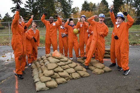 Victors: The winning sandbag team from Auburn Mountainview exults after the friendly competition.