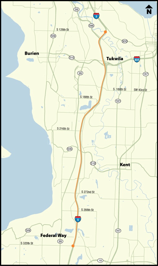 The southbound Interstate 5 concrete pavement rehab project is located along 12.86 miles of freeway from Duwamish River Bridge in Tukwila to South 320th Street in Federal Way. COURTESY MAP