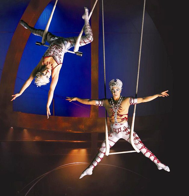The Synchro Trapeze is part of the dazzling acrobatics of the Cirque du Soleil's classic and internationally renowned production of Alegría.