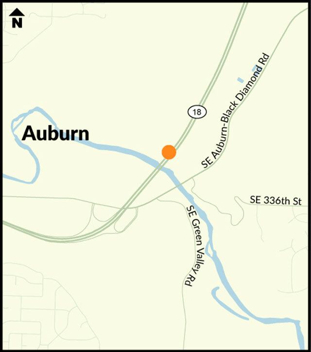 Westbound SR 18 just east of the Green River near Auburn will be reduced to one lane from 7 p.m. Friday, Nov. 11 to 5 a.m. Tuesday, Nov. 15. This work is weather-dependent. COURTESY MAP, WSDOT
