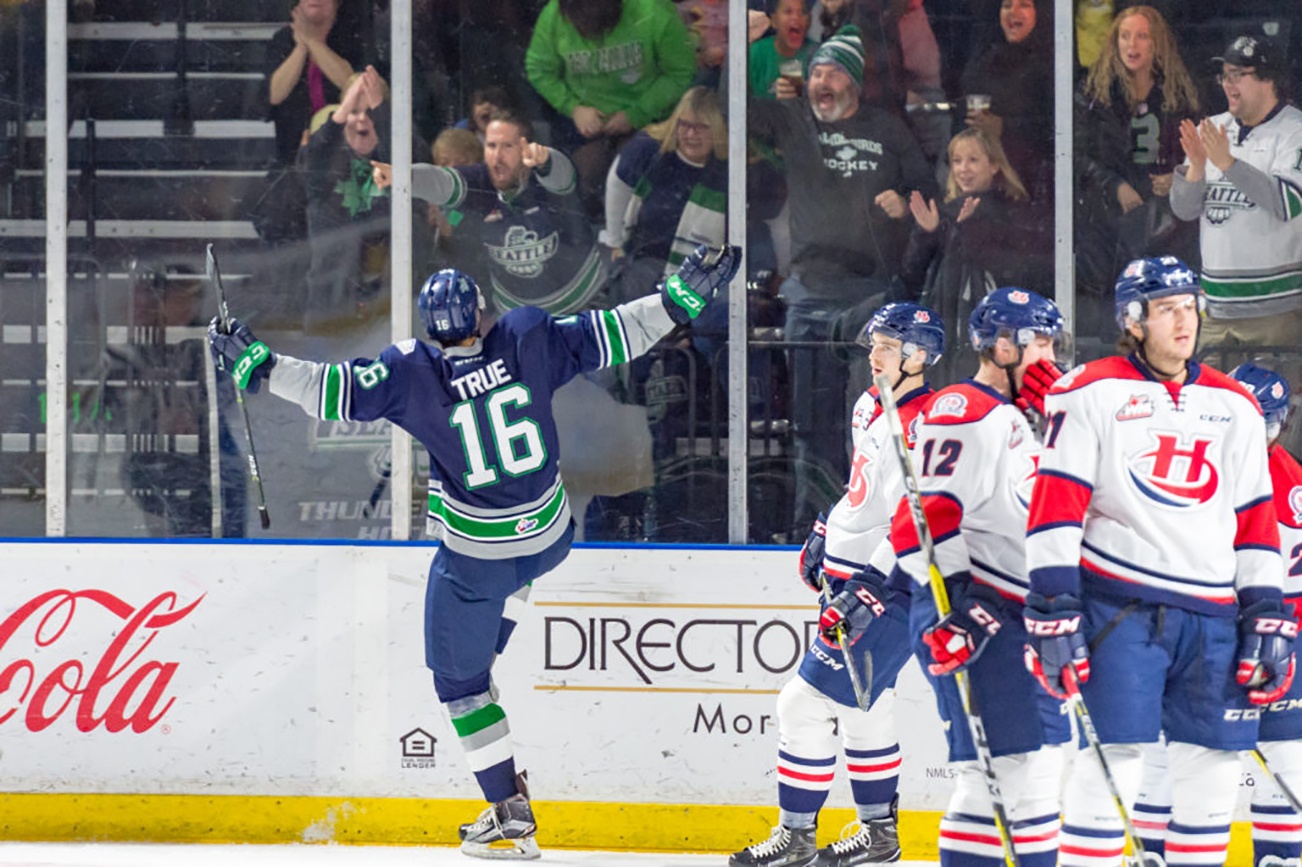 Thunderbirds center Alexander True celebrates a goal in a 4-3 WHL victory Friday night at the ShoWare Center. COURTESY PHOTO, Brian Liesse, Thunderbirds