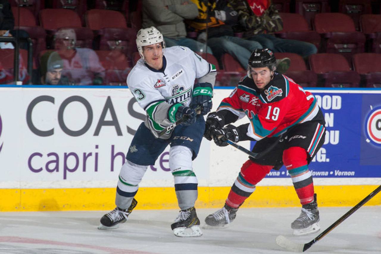 The Rockets’ Dillon Dube, right, checks the Tunderbirds’ Mathew Barzal at the Prospera Place in Kelowna, British Columbia. COURTESY PHOTO, Marissa Baecker/Shoot the Breeze