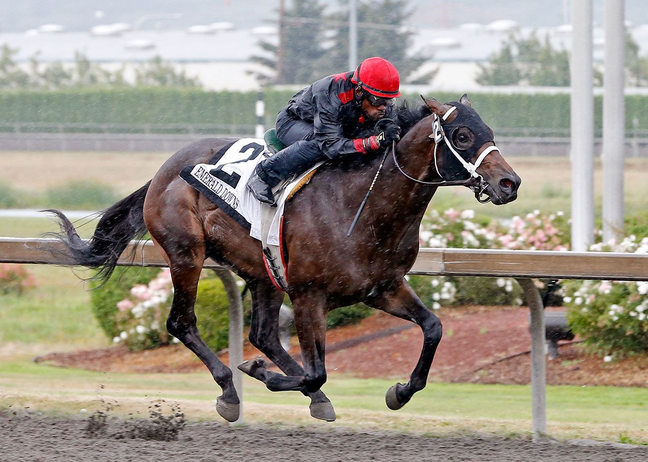 So Lucky and Rocco Bowen race to a 1:08.50 clocking in capturing the $50,000 WTBOA Lads Stakes for 2-year-old colts or geldings at Emerald Downs this past meeting. COURTESY PHOTO, Emerald Downs