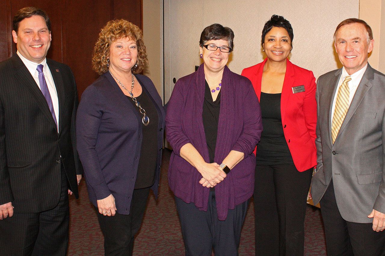 At the breakfast are, from left: Federal Way Mayor Jim Ferrell; Auburn Mayor Nancy Backus; University of Washington President Dr. Ana Mari Cauce; Federal Way Schools Superintendent Tammy Campbell; and King County Councilmember Pete von Reichbauer. COURTESY PHOTO
