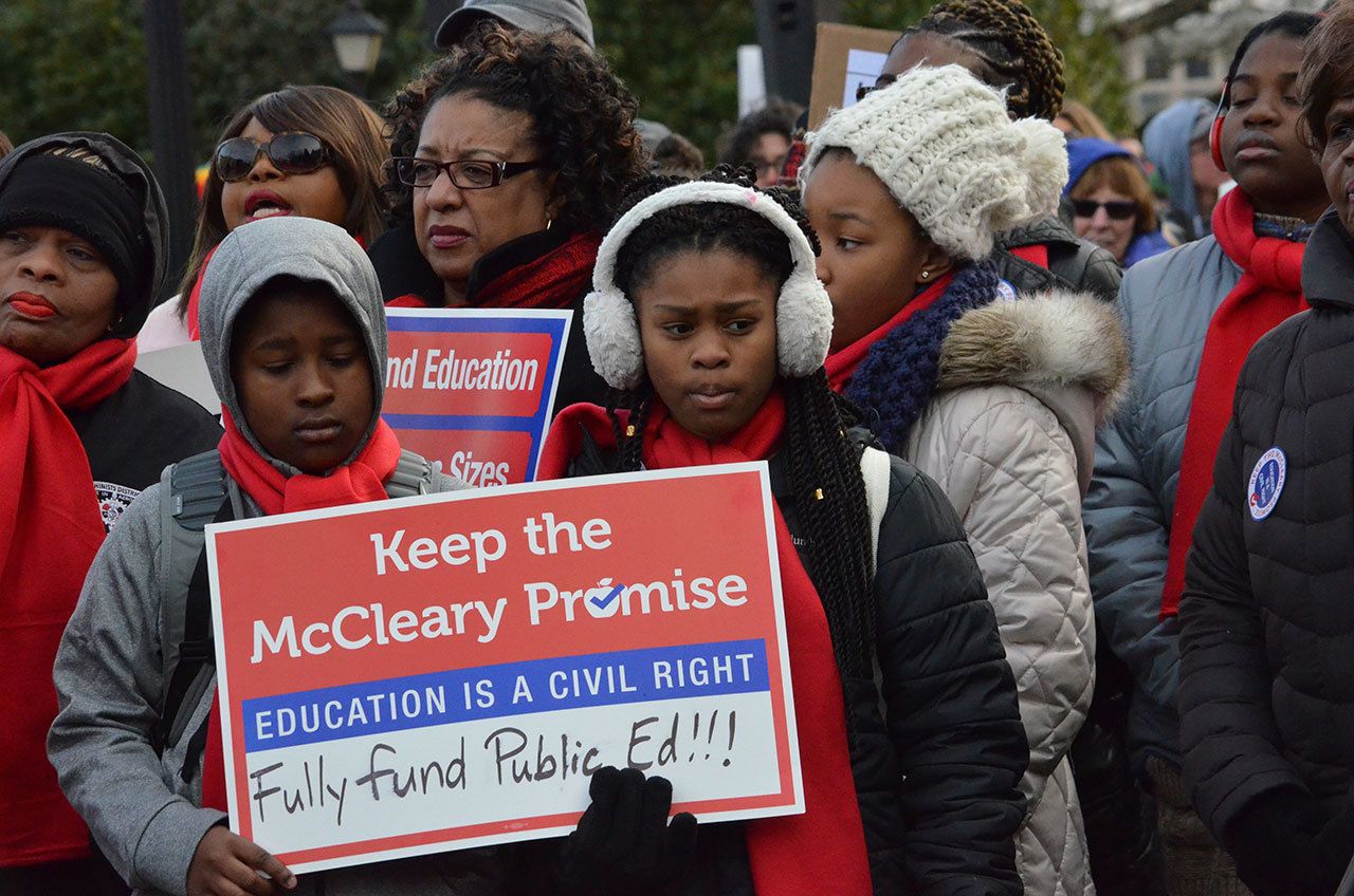 Thousands of parents, educators and students gathered at the Capitol to implore the state to fulfill its constitutional duty to fully fund basic education. COURTESY PHOTO, Grace Swanson/WNPA Olympia News Bureau